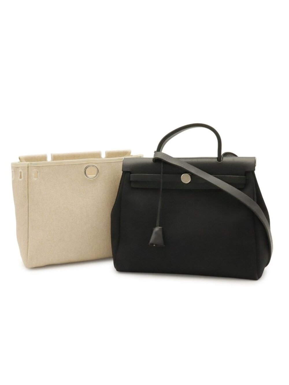 Hermes Herbag PM 2-Way Shoulder Bag Toile Officier H Black Natural